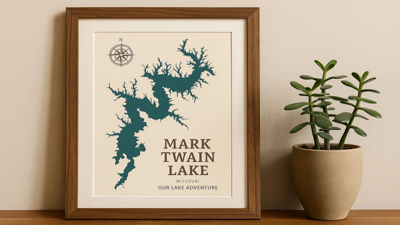 Custom Lake Map Art Framed Keepsakes That Trace Your Mark Twain Adventure
