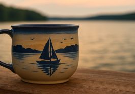 River Echo Mugs Ceramic Souvenirs with Boat Silhouettes and Lake Scenery