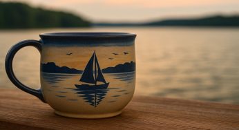 River Echo Mugs: Ceramic Souvenirs with Boat Silhouettes and Lake Scenery