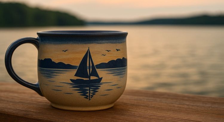 River Echo Mugs Ceramic Souvenirs with Boat Silhouettes and Lake Scenery