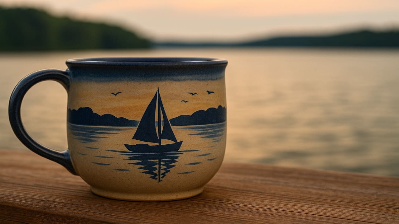 River Echo Mugs Ceramic Souvenirs with Boat Silhouettes and Lake Scenery