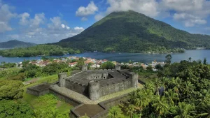 An aerial view of Benteng Belgica in Banda Neira, overlooking the city and the sea. A slice of paradise.