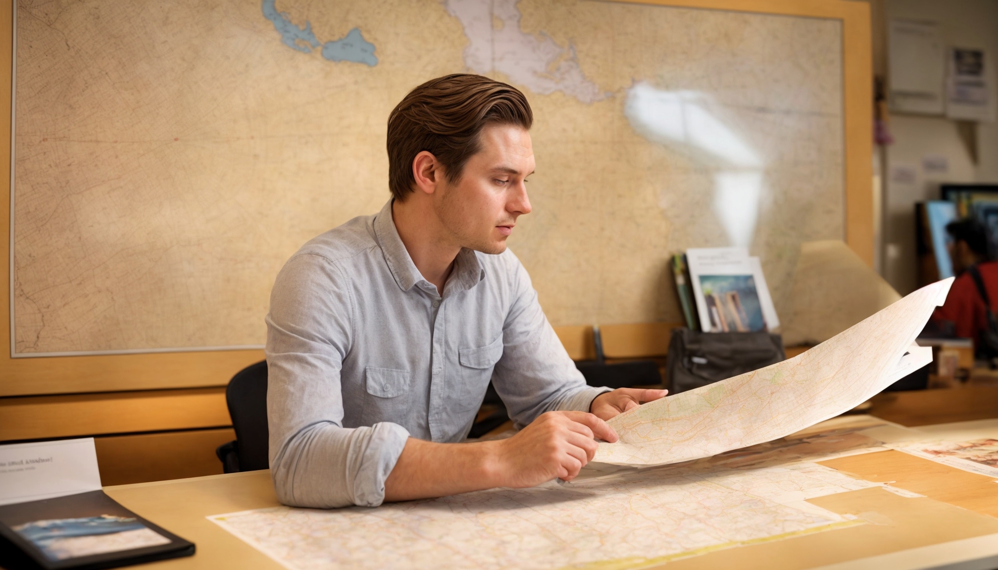 Man planning city center exploration with map and souvenir brochures