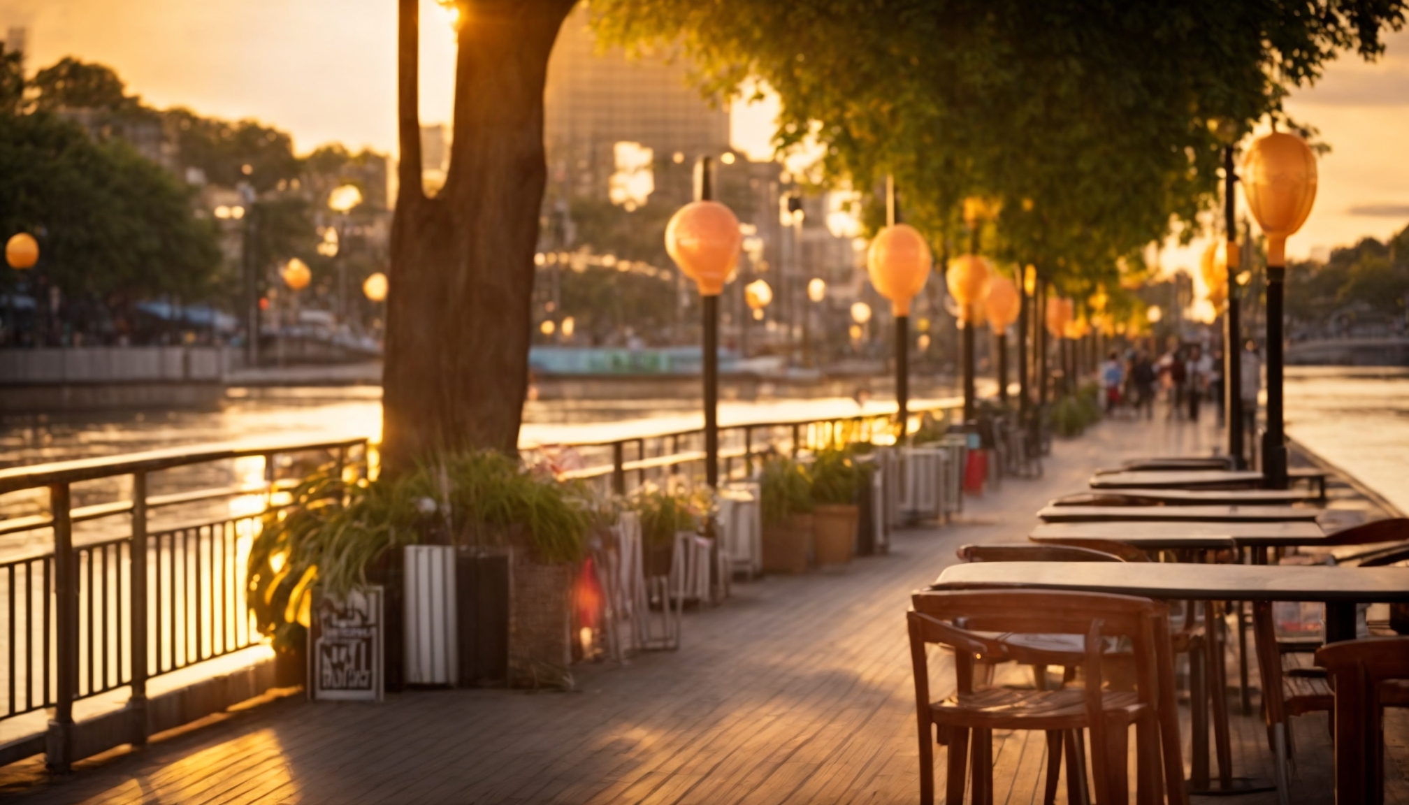 Vibrant city waterfront promenade at golden hour illustrating essential travel guide for city recreation and entertainment