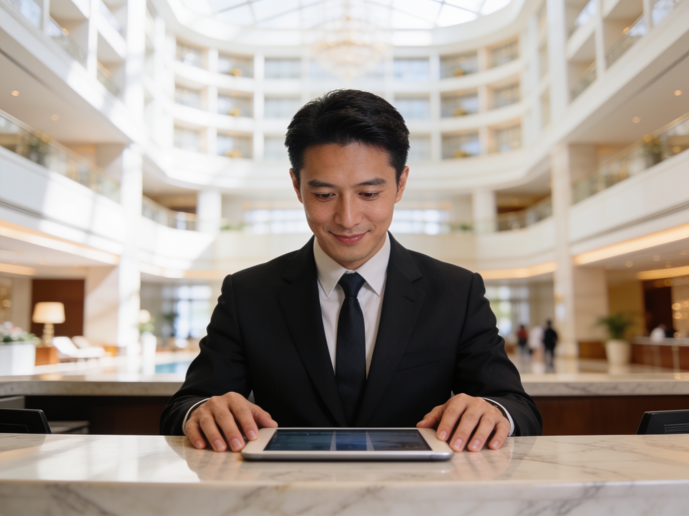 Concierge assisting guests at a luxury integrated resort staycation lobby