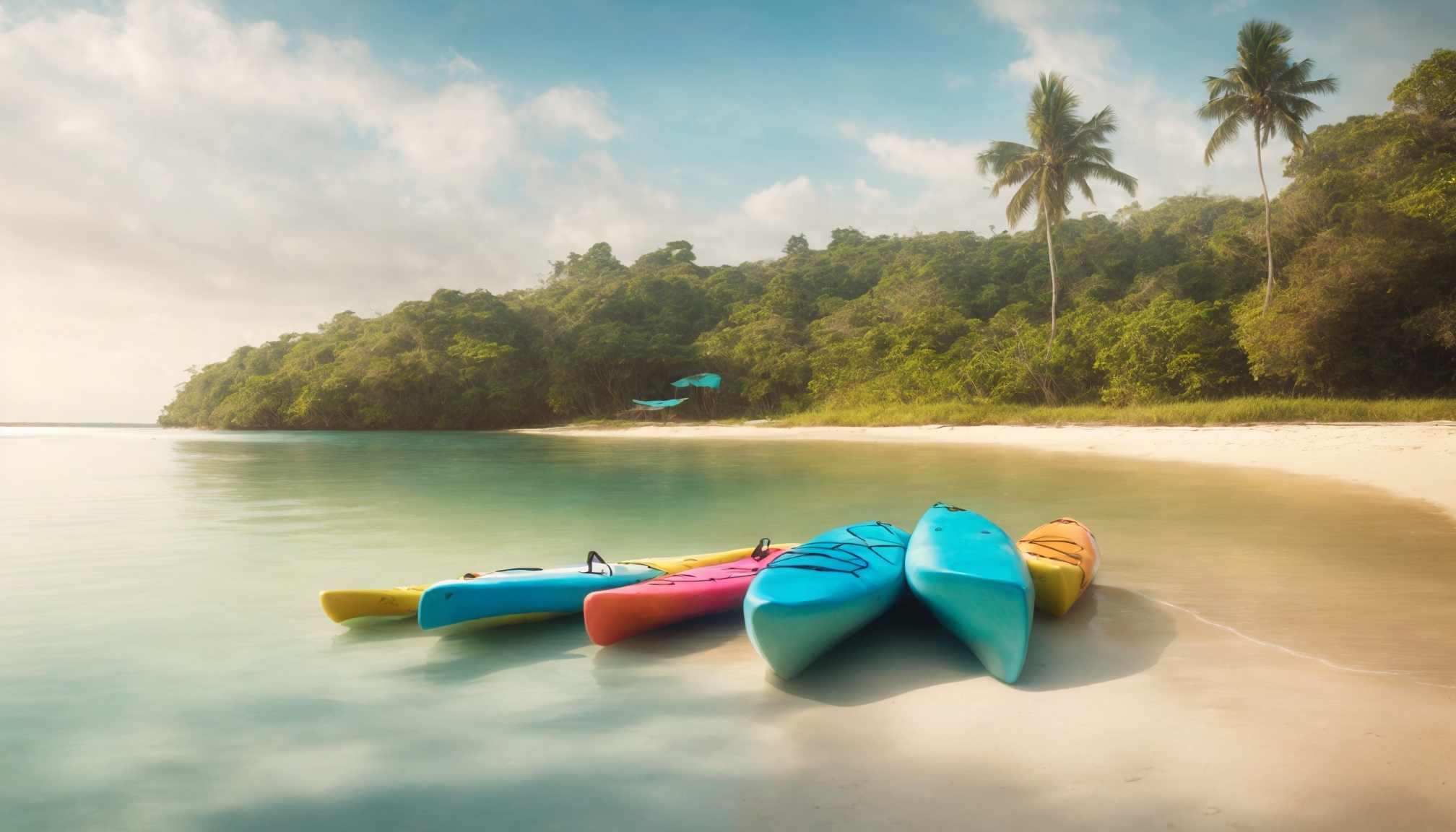 Sandy freshwater lake beach with kayaks and dock on a sunny summer day