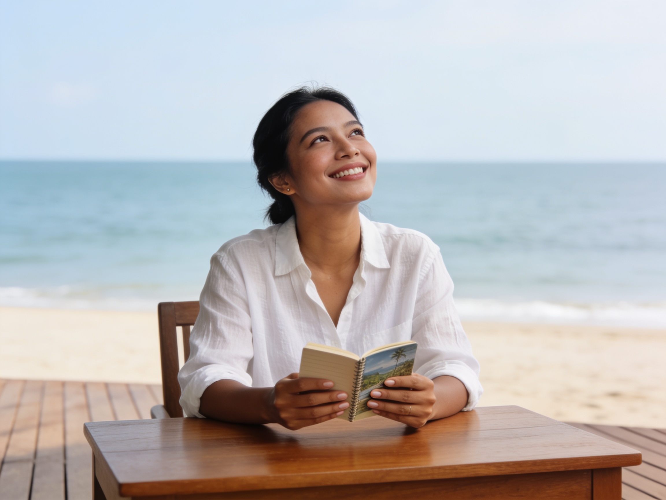 Indonesian woman planning itinerary for short beach vacation spots