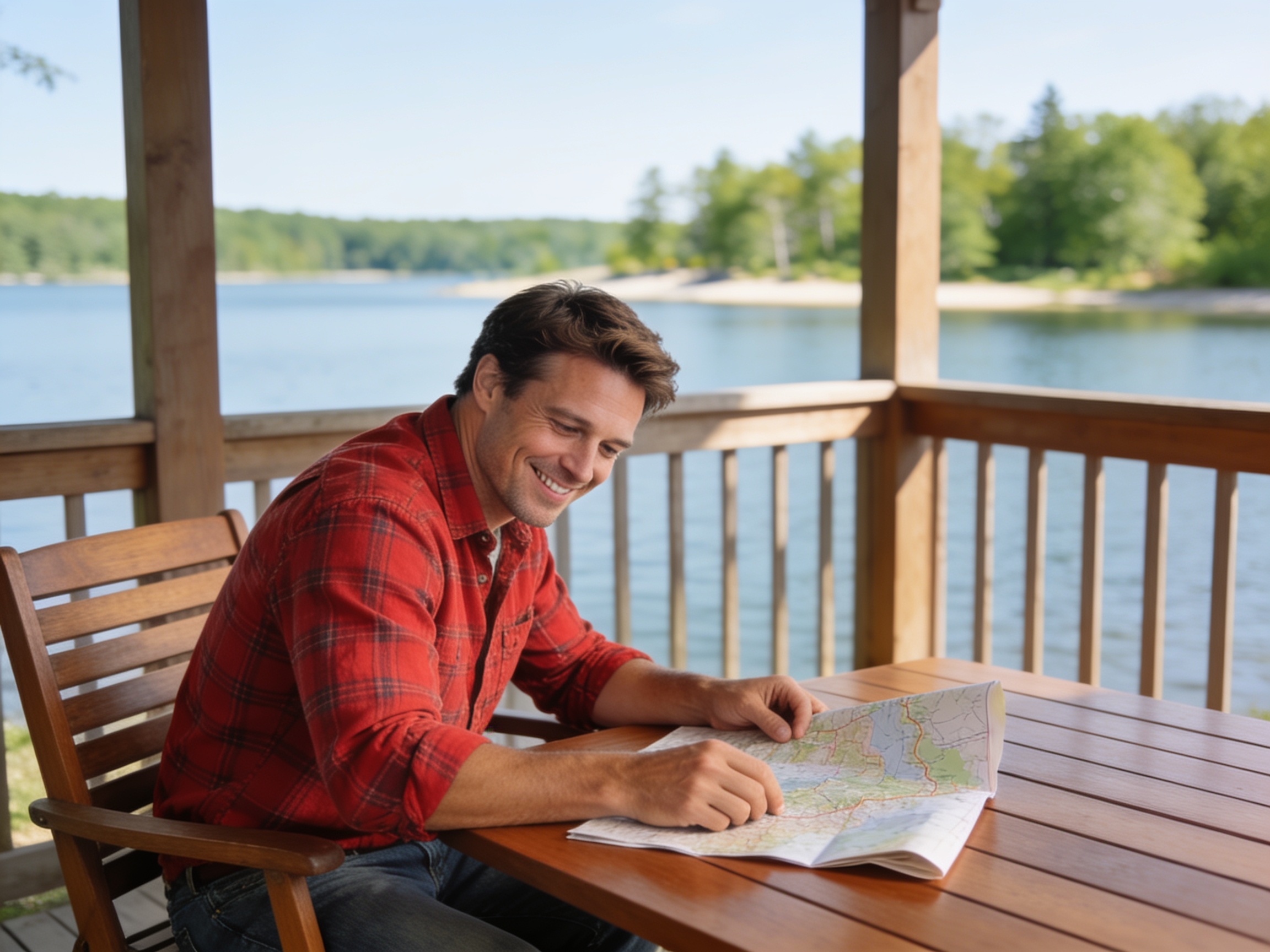 American man planning short lake vacation tips on a wooden deck overlooking a lake.