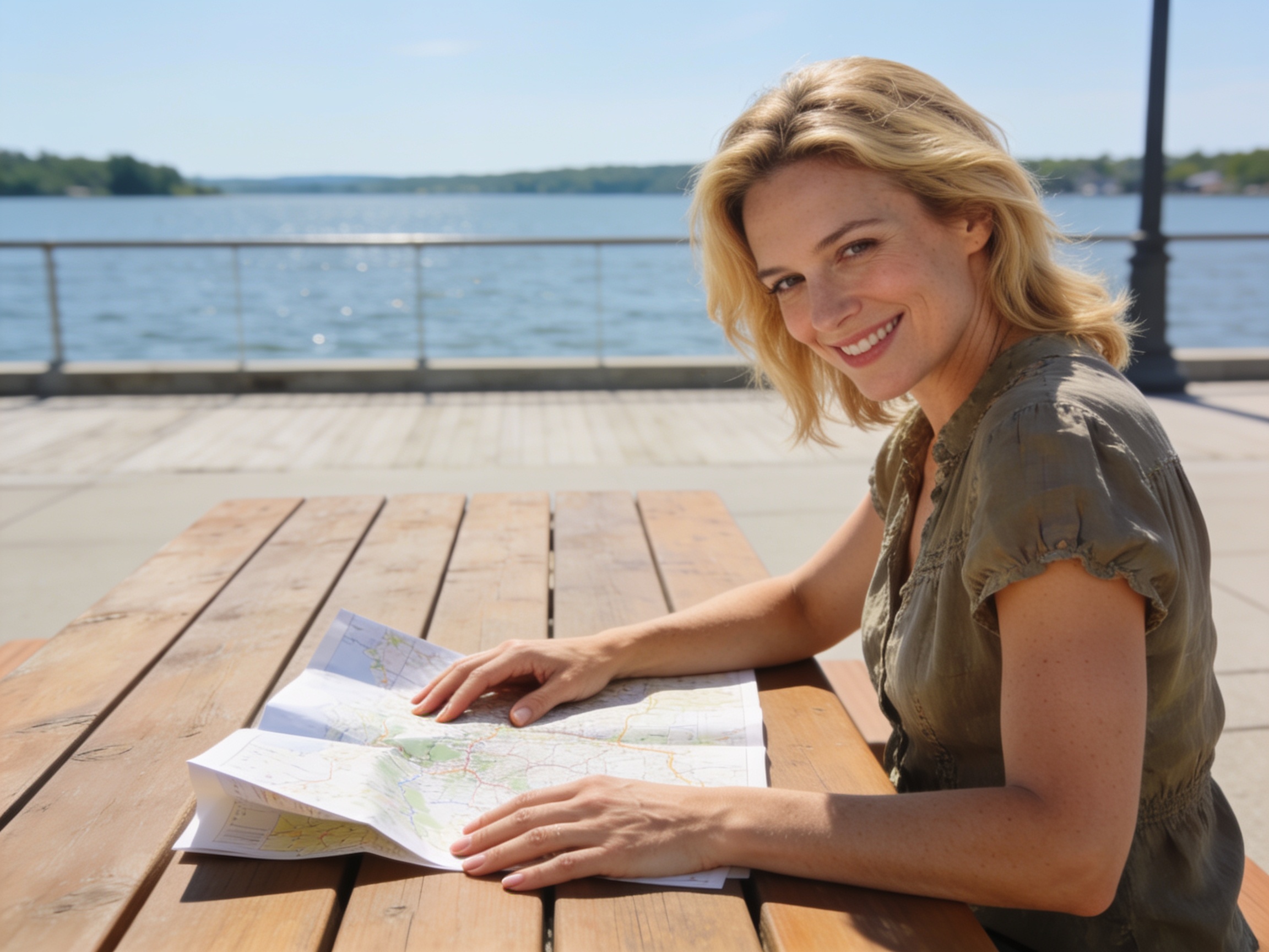 Tourist reviewing a map for Mark Twain Lake recreation planning on a lakeside table