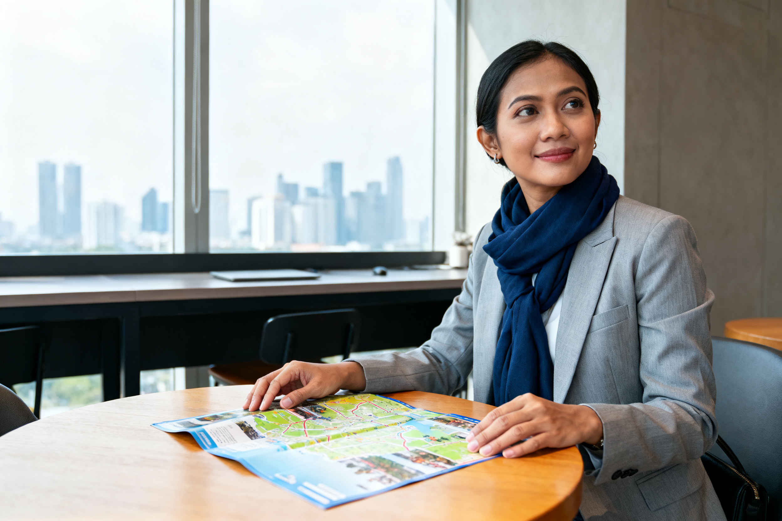 Indonesian traveler reviewing a city travel brochure for best weekend travel spots in a cafe