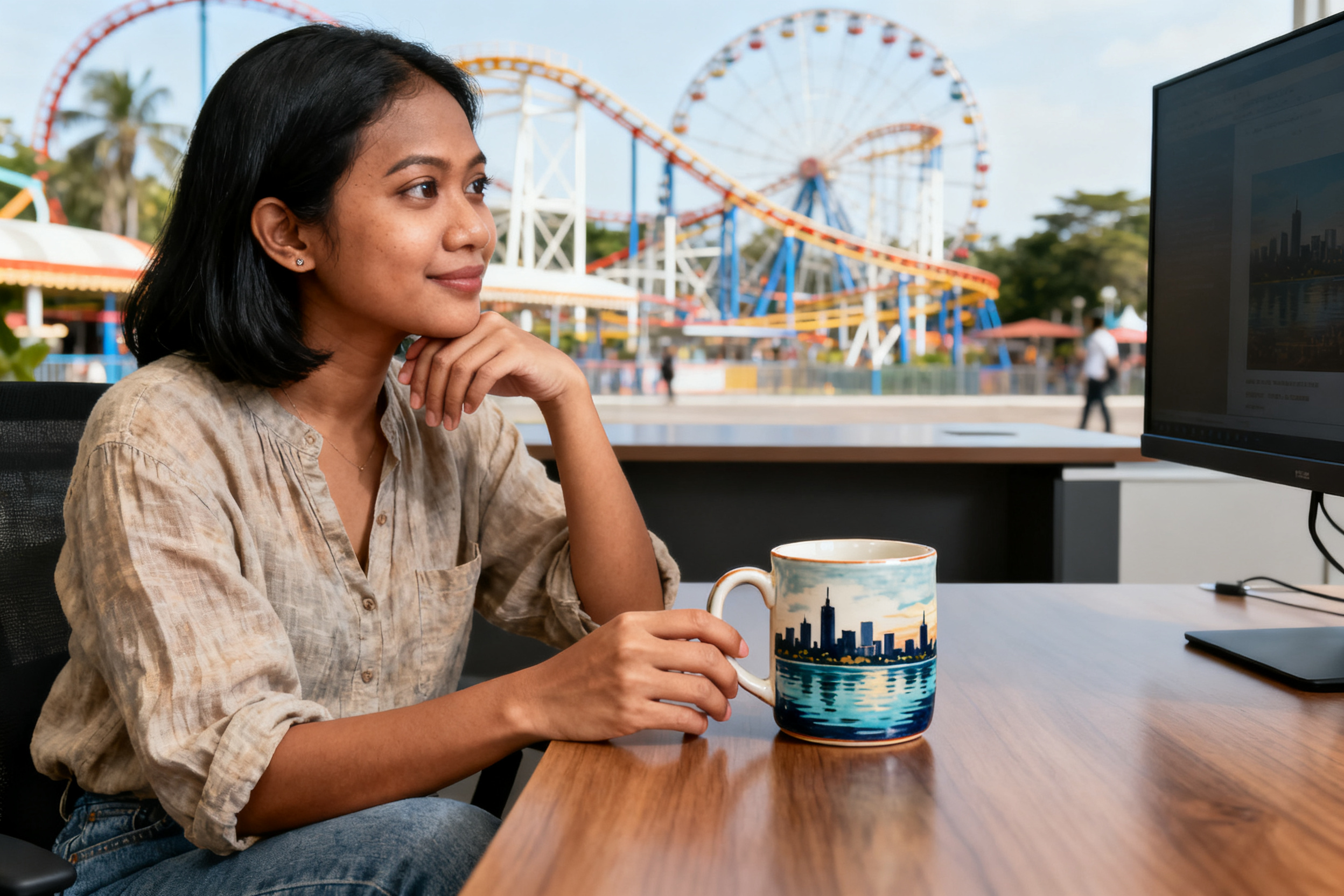 Indonesian woman examining a lake‑themed ceramic mug, showcasing unique souvenirs recreation city vibe